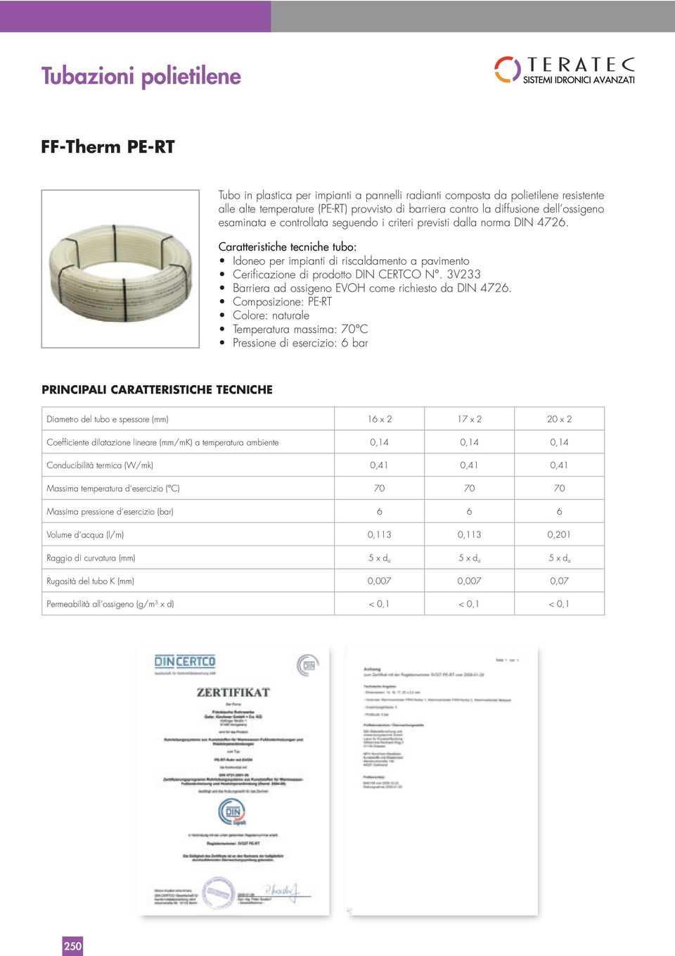 Caratteristiche tecniche tubo: PRINCIPALI CARATTERISTICHE TECNICHE Diametro del tubo e spessore (mm) 16 x 2 17 x 2 20 x 2 Coefficiente dilatazione lineare (mm/mk) a temperatura ambiente 0,14 0,14