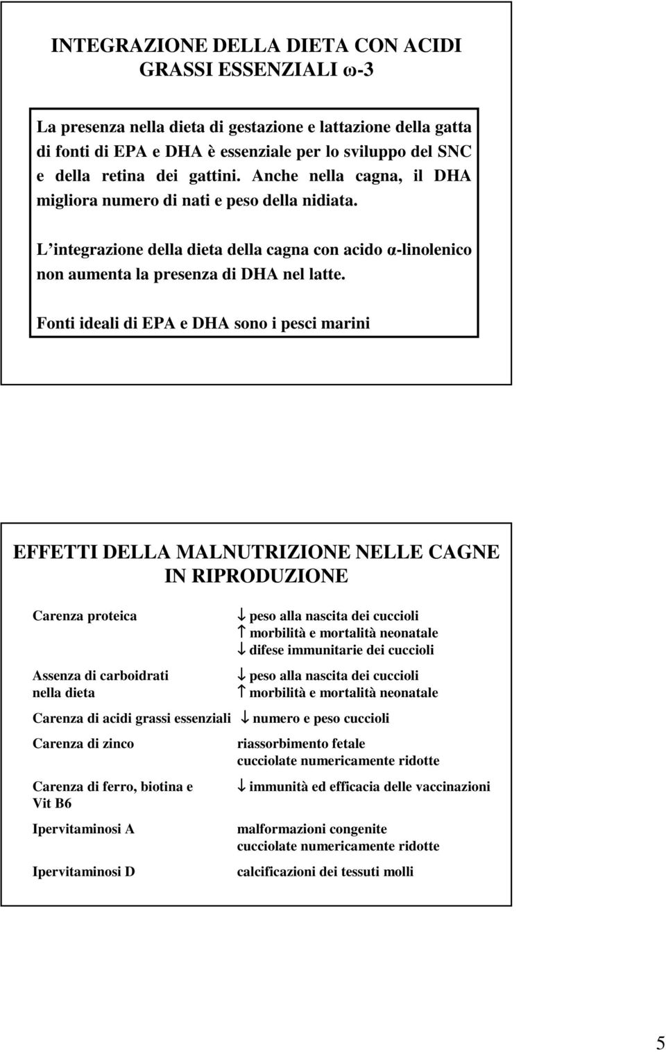 Fonti ideali di EPA e DHA sono i pesci marini EFFETTI DELLA MALNUTRIZIONE NELLE CAGNE IN RIPRODUZIONE Carenza proteica Assenza di carboidrati nella dieta peso alla nascita dei cuccioli morbilità e