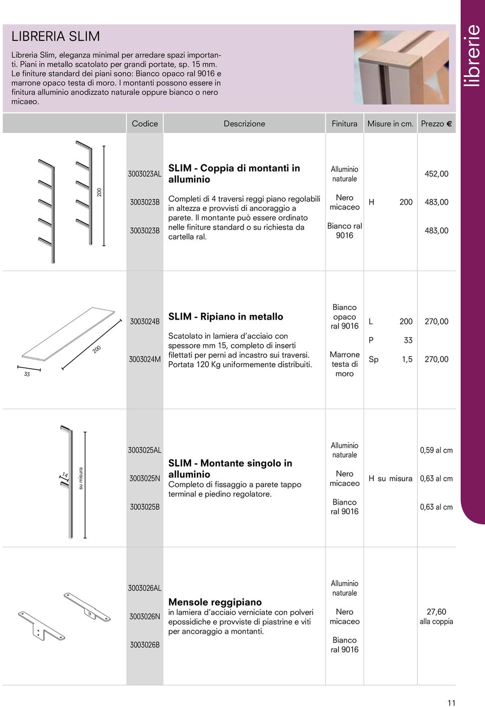 librerie Codice Descrizione Finitura Misure in cm.