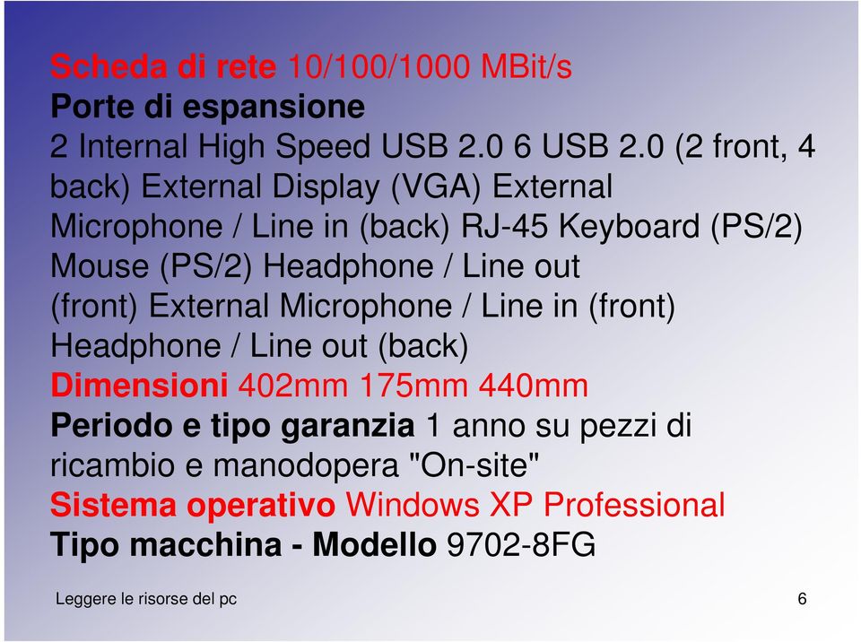 Line out (front) External Microphone / Line in (front) Headphone / Line out (back) Dimensioni 402mm 175mm 440mm Periodo e tipo