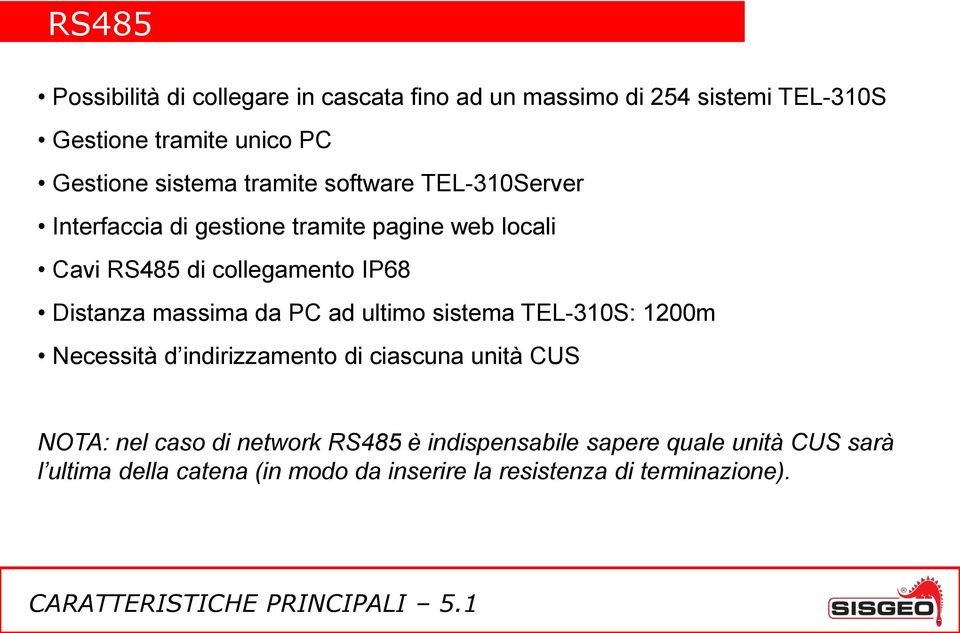 PC ad ultimo sistema TEL-310S: 1200m Necessità d indirizzamento di ciascuna unità CUS NOTA: nel caso di network RS485 è
