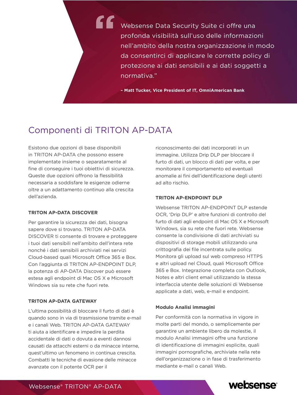 Matt Tucker, Vice President of IT, OmniAmerican Bank Componenti di TRITON AP-DATA Esistono due opzioni di base disponibili in TRITON AP-DATA che possono essere implementate insieme o separatamente al