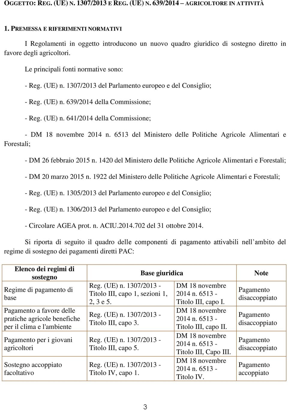 1307/2013 del Parlamento europeo e del Consiglio; - Reg. (UE) n. 639/2014 della Commissione; - Reg. (UE) n. 641/2014 della Commissione; - 2014 n.