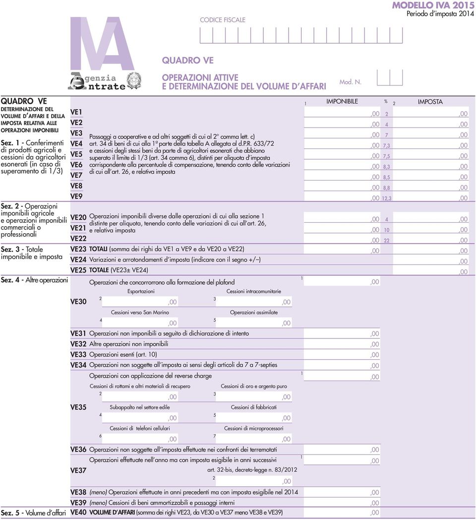 - Totale imponibile e imposta VE VE VE VE VE VE6 VE VE VE QUADRO VE OPERAZIONI ATTIVE E DETERMINAZIONE DEL VOLUME D AFFARI Passaggi a cooperative e ad altri soggetti di cui al comma lett. c) art.