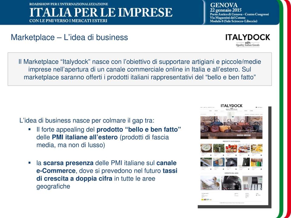 Sul marketplace saranno offerti i prodotti italiani rappresentativi del bello e ben fatto L idea di business nasce per colmare il gap tra: Il forte