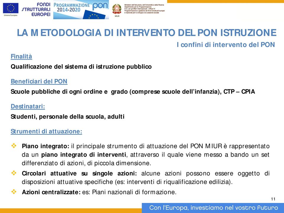 PON MIUR è rappresentato da un piano integrato di interventi, attraverso il quale viene messo a bando un set differenziato di azioni, di piccola dimensione.