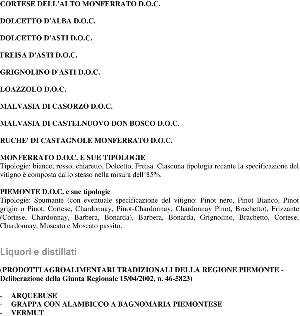 Ciascuna tipologia recante la specificazione del vitigno è composta dallo stesso nella misura dell 85%. PIEMONTE D.O.C. e sue tipologie Tipologie: Spumante (con eventuale specificazione del vitigno: