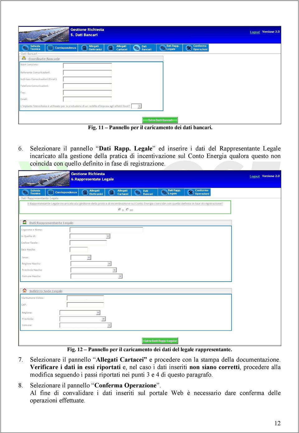 registrazione. Fig. 12 Pannello per il caricamento dei dati del legale rappresentante. 7. Selezionare il pannello Allegati Cartacei e procedere con la stampa della documentazione.