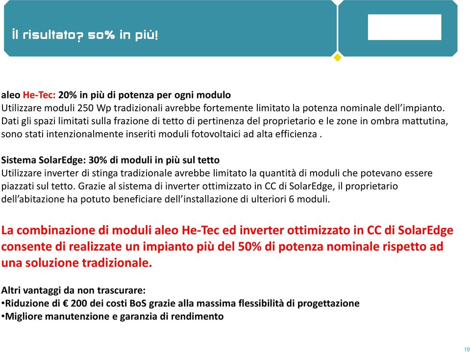 Sistema SolarEdge: 30% di moduli in più sul tetto Utilizzare inverter di stinga tradizionale avrebbe limitato la quantità di moduli che potevano essere piazzati sul tetto.