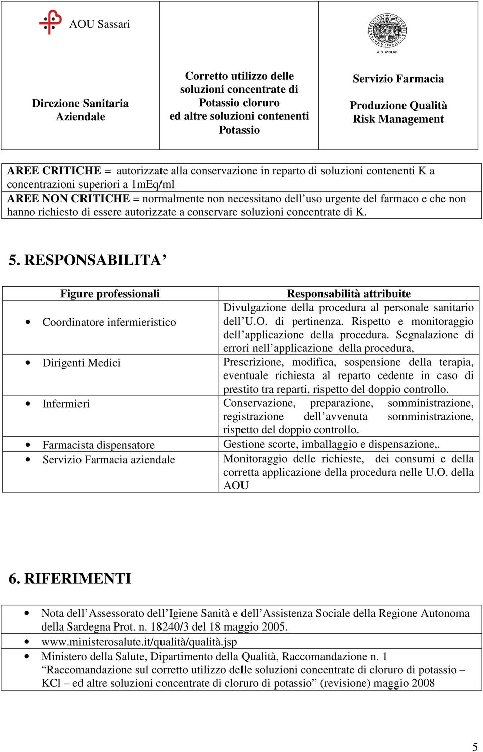 RESPONSABILITA Figure professionali Responsabilità attribuite Coordinatore infermieristico Divulgazione della procedura al personale sanitario dell U.O. di pertinenza.