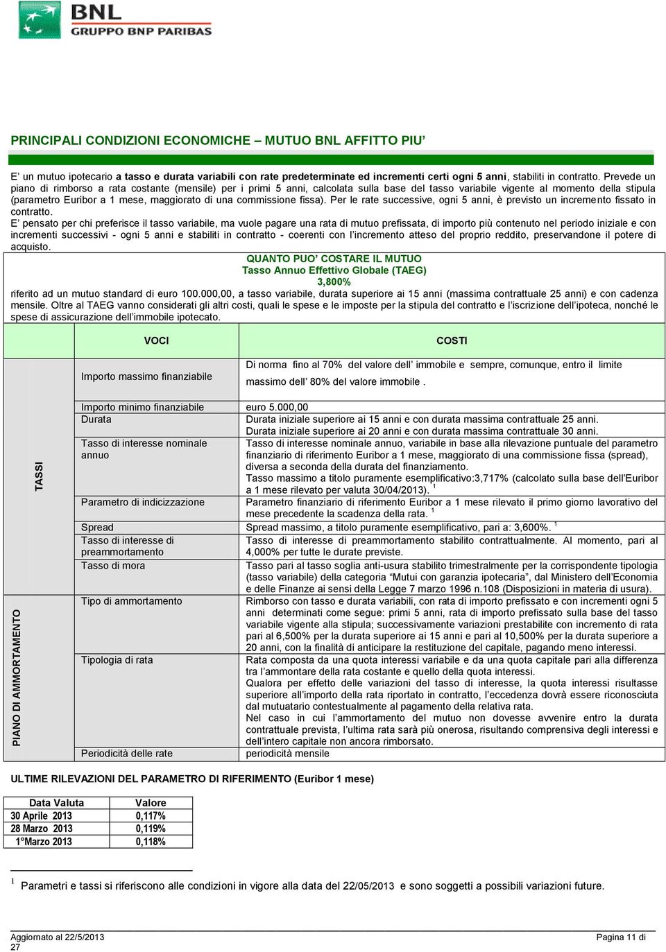 commissione fissa). Per le rate successive, ogni 5 anni, è previsto un incremento fissato in contratto.