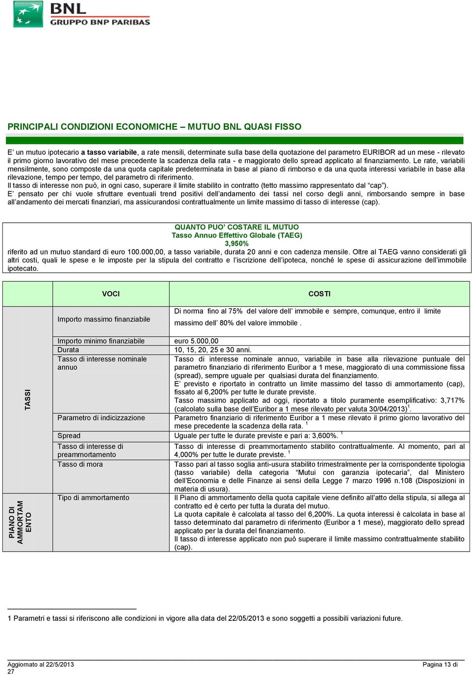 Le rate, variabili mensilmente, sono composte da una quota capitale predeterminata in base al piano di rimborso e da una quota interessi variabile in base alla rilevazione, tempo per tempo, del