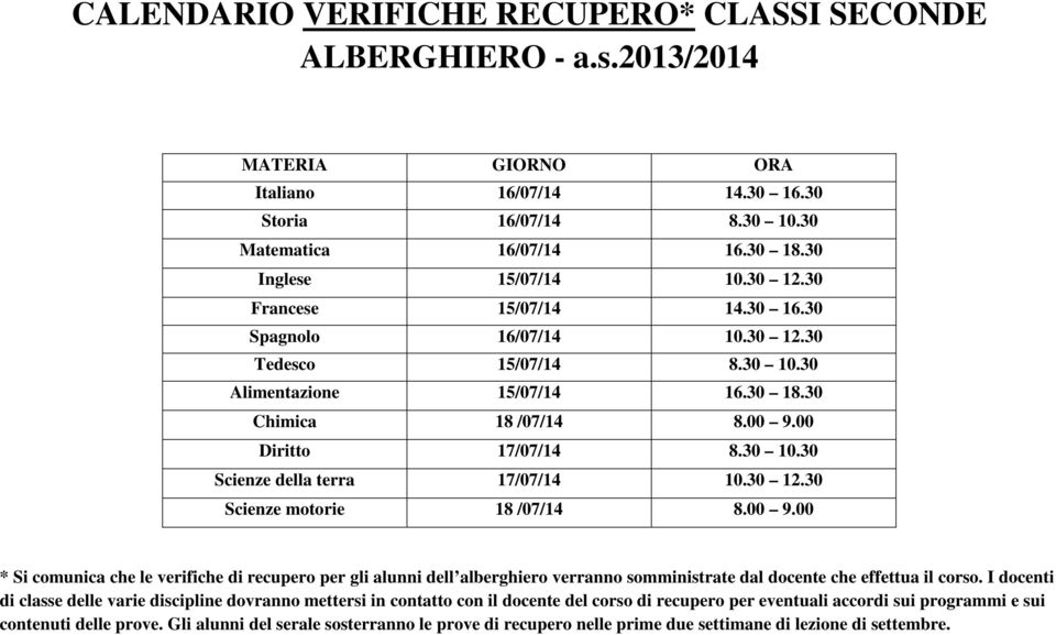 00 Diritto 17/07/14 8.30 10.30 Scienze della terra 17/07/14 10.30 12.30 Scienze motorie 18 /07/14 8.00 9.