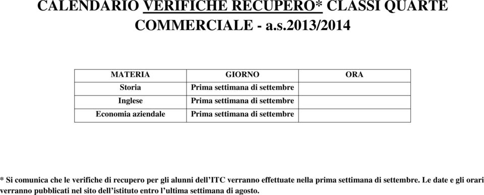 Economia aziendale Prima settimana di settembre * Si comunica che le verifiche di recupero per gli alunni