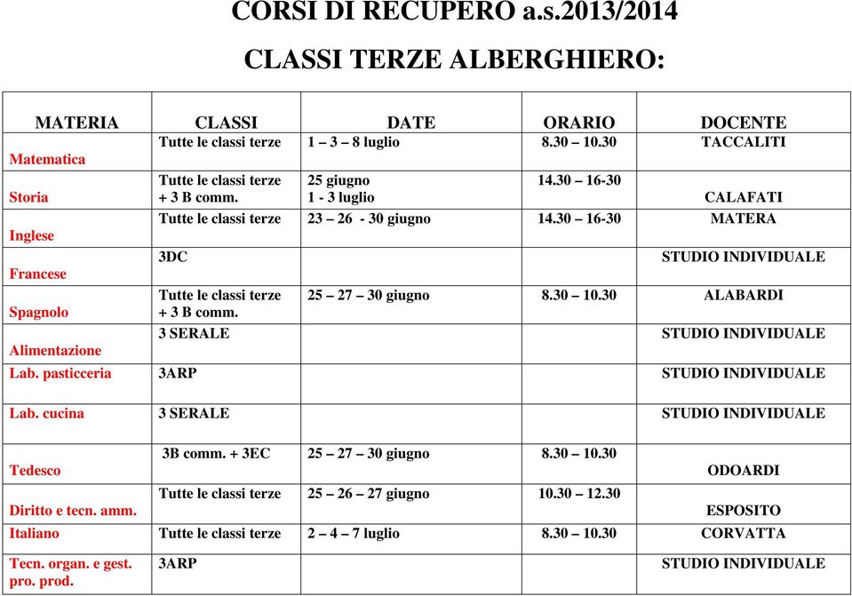 30 16-30 MATERA 3DC STUDIO INDIVIDUALE Tutte le classi terze 25 27 30 giugno 8.30 10.30 ALABARDI + 3 B comm. 3 SERALE STUDIO INDIVIDUALE Lab. pasticceria 3ARP STUDIO INDIVIDUALE Lab.
