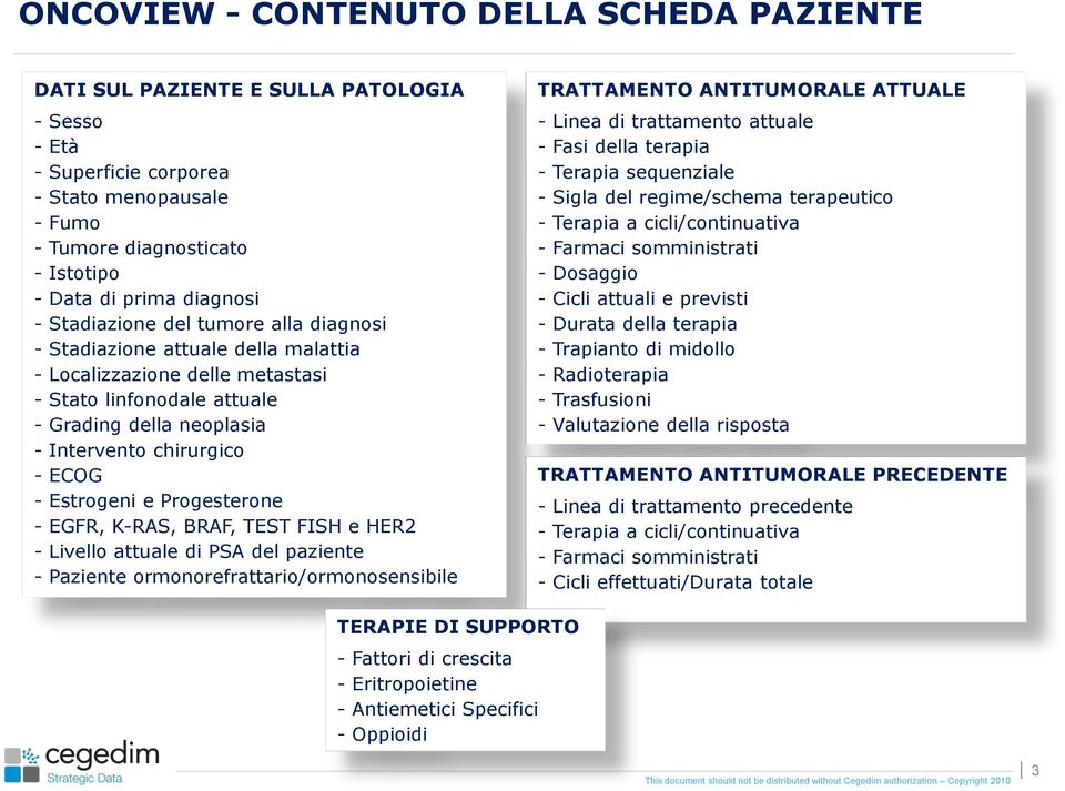 ECOG - Estrogeni e Progesterone - EGFR, K-RAS, BRAF, TEST FISH e HER2 - Livello attuale di PSA del paziente - Paziente ormonorefrattario/ormonosensibile TRATTAMENTO ANTITUMORALE ATTUALE - Linea di