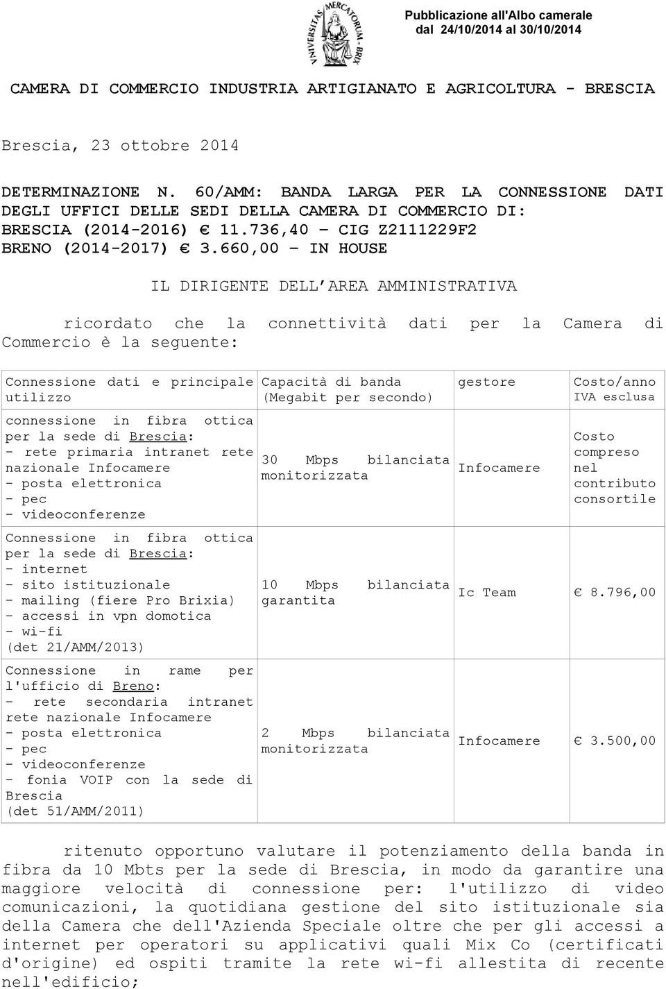 660,00 IN HOUSE IL DIRIGENTE DELL AREA AMMINISTRATIVA ricordato che la connettività dati per la Camera di Commercio è la seguente: Connessione dati e principale utilizzo connessione in fibra ottica