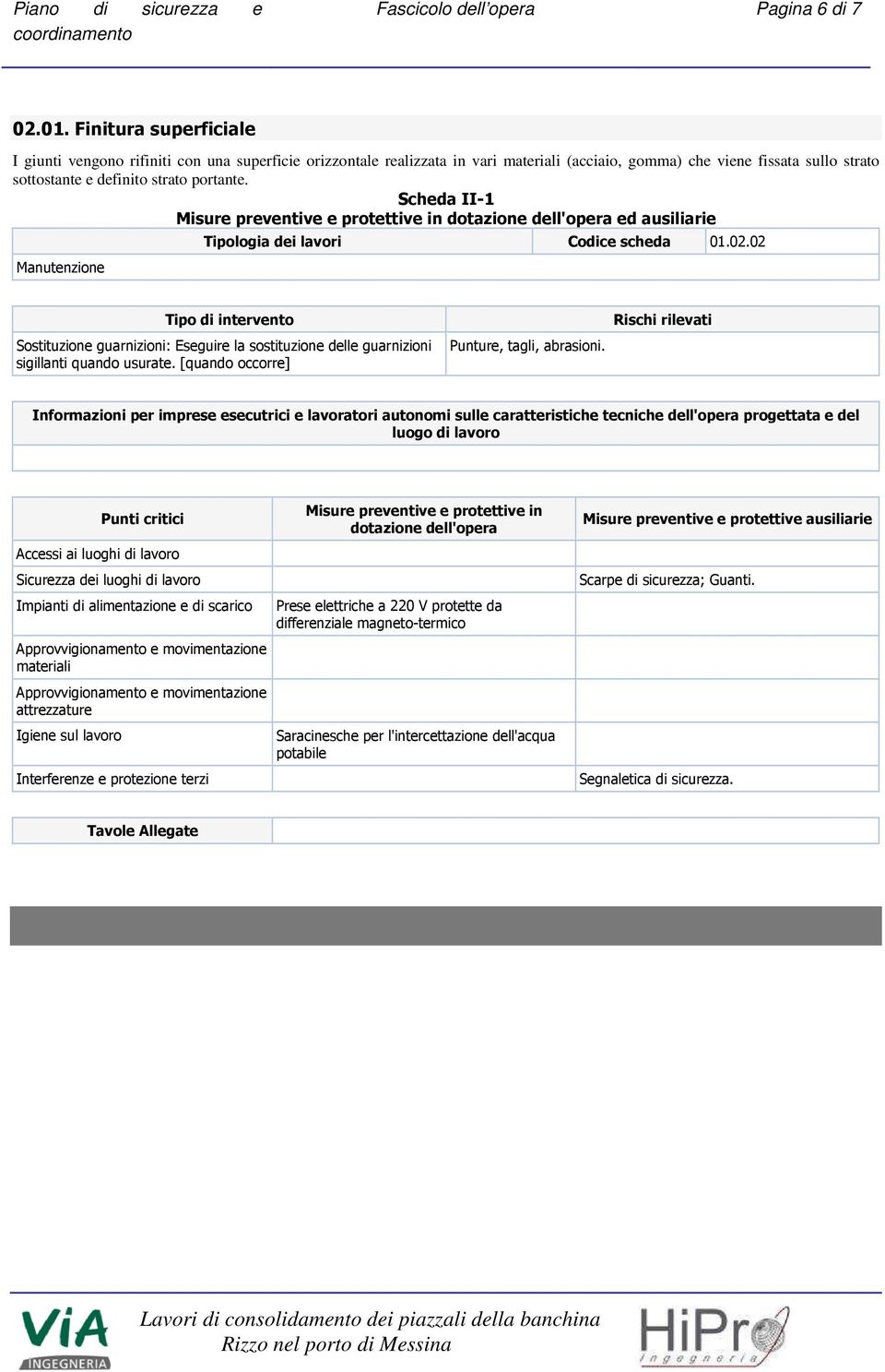 Scheda II-1 Misure preventive e protettive in dotazione dell'opera ed ausiliarie Manutenzione Tipologia dei lavori Codice scheda 01.02.