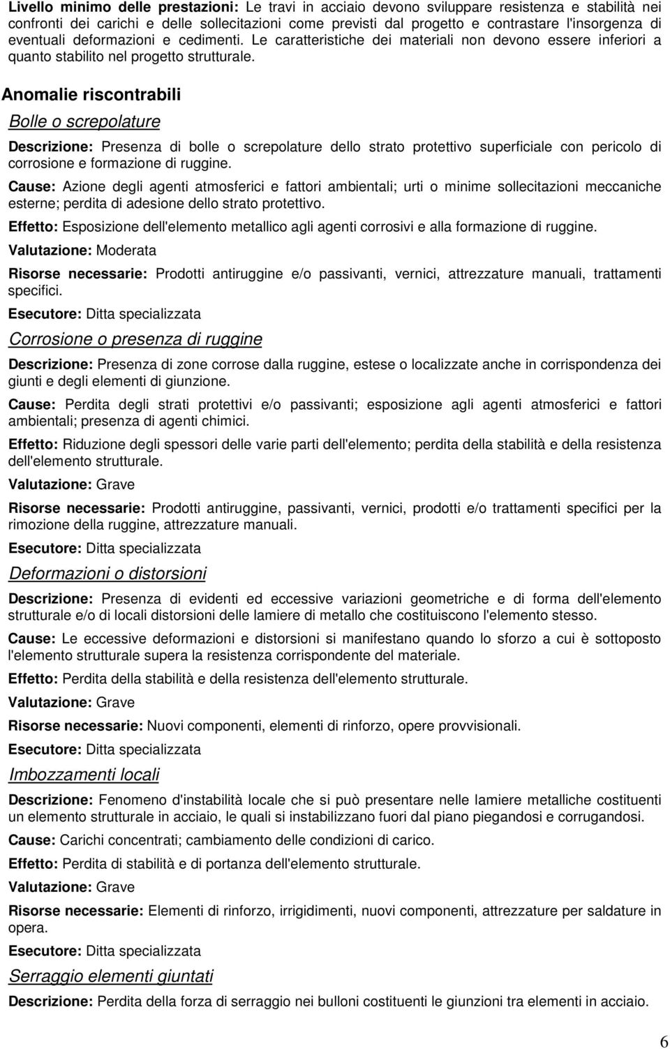 Anomalie riscontrabili Bolle o screpolature Descrizione: Presenza di bolle o screpolature dello strato protettivo superficiale con pericolo di corrosione e formazione di ruggine.