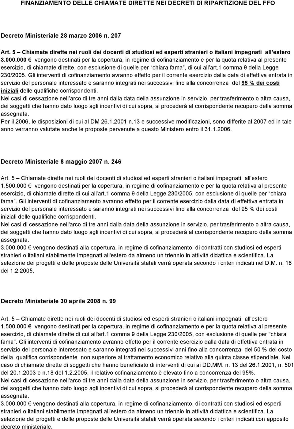 000 vengono destinati per la copertura, in regime di cofinanziamento e per la quota relativa al presente esercizio, di chiamate dirette, con esclusione di quelle per chiara fama, di cui all art.