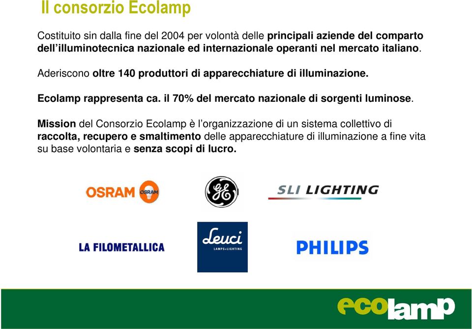 Ecolamp rappresenta ca. il 70% del mercato nazionale di sorgenti luminose.