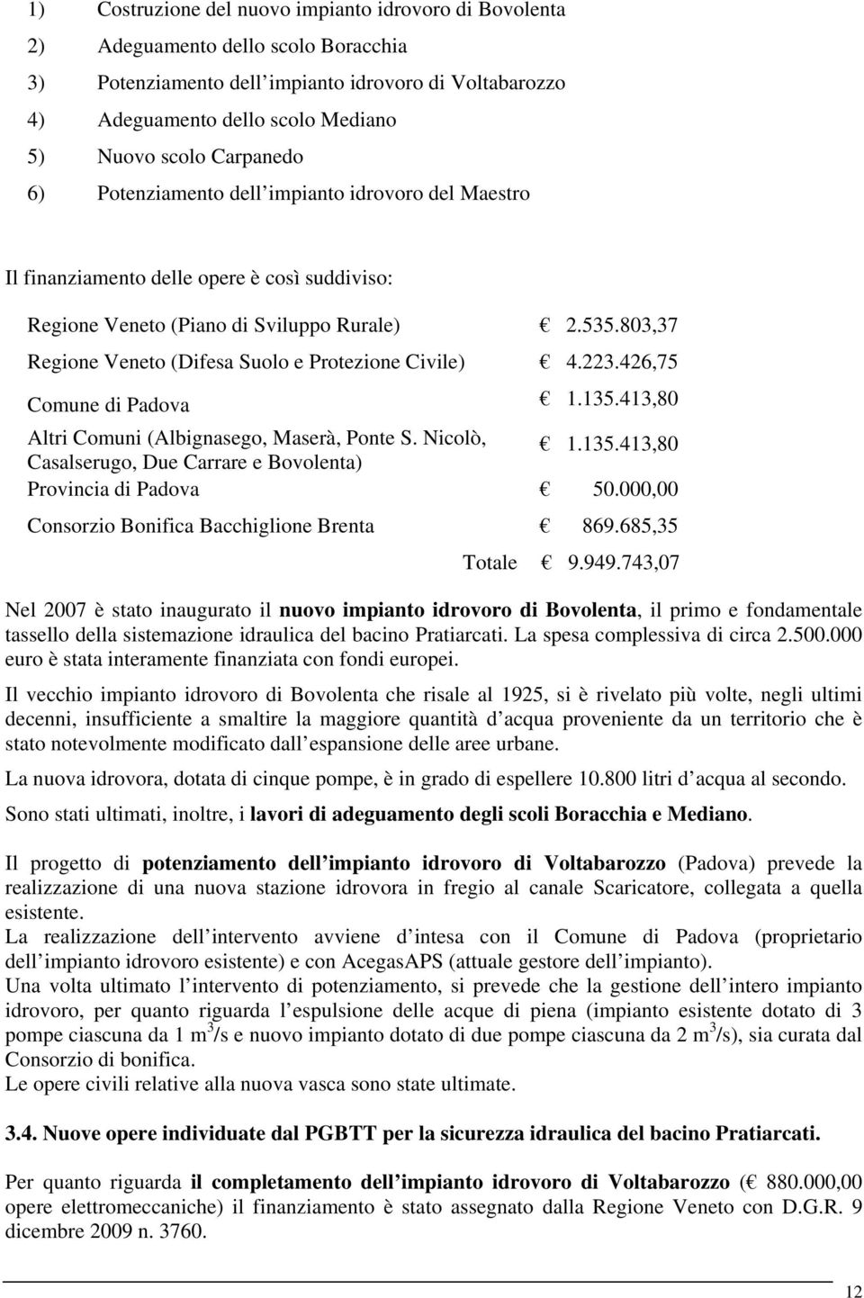 803,37 Regione Veneto (Difesa Suolo e Protezione Civile) 4.223.426,75 Comune di Padova 1.135.413,80 Altri Comuni (Albignasego, Maserà, Ponte S. Nicolò, Casalserugo, Due Carrare e Bovolenta) 1.135.413,80 Provincia di Padova 50.