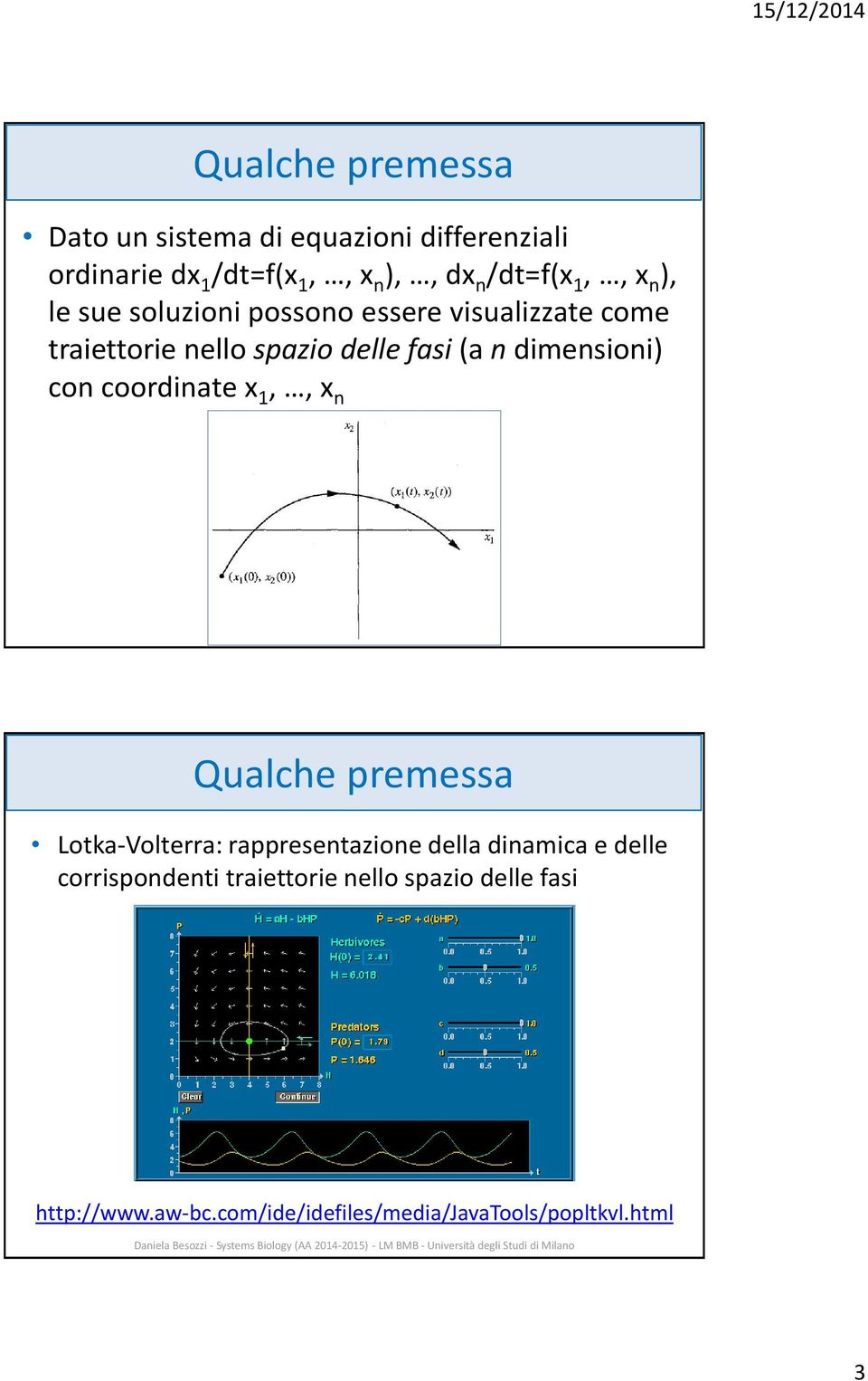 dimensioni) con coordinate x 1,, x n Qualche premessa Lotka-Volterra: rappresentazione della dinamica e