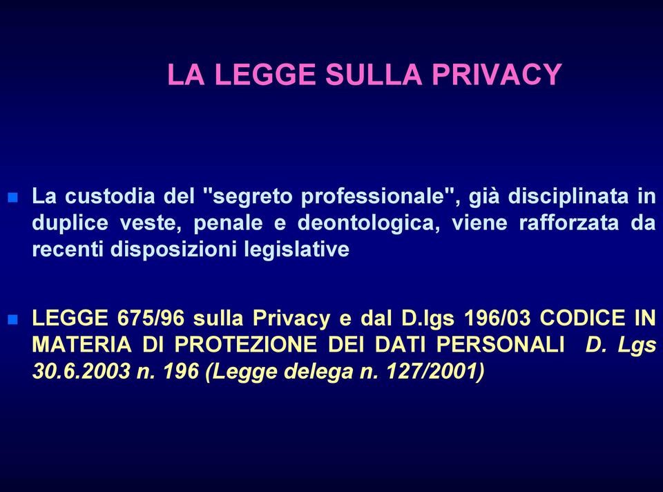 disposizioni legislative LEGGE 675/96 sulla Privacy e dal D.