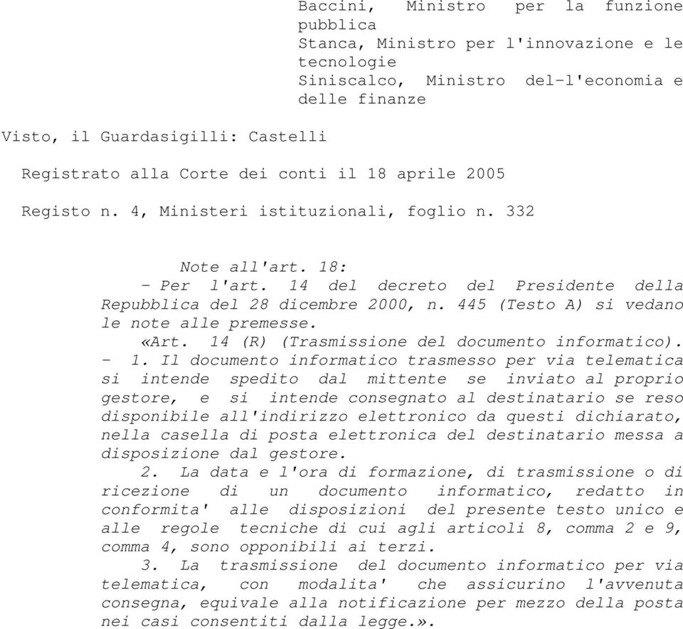 445 (Testo A) si vedano le note alle premesse. «Art. 14 (R) (Trasmissione del documento informatico). - 1.