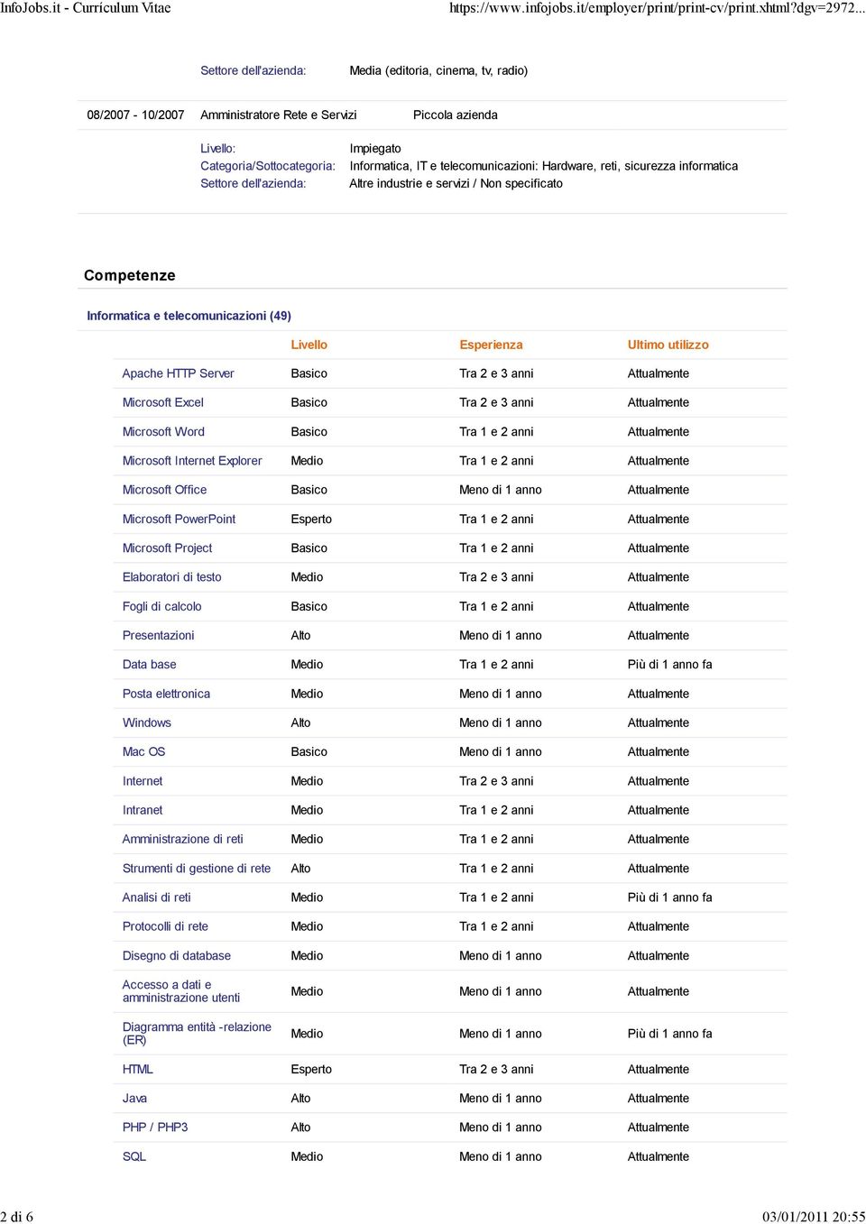 Attualmente Microsoft Excel Basico Tra 2 e 3 anni Attualmente Microsoft Word Basico Tra 1 e 2 anni Attualmente Microsoft Internet Explorer Medio Tra 1 e 2 anni Attualmente Microsoft Office Basico