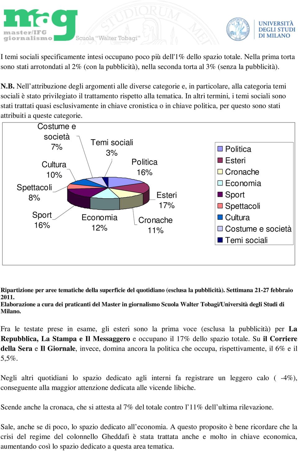 In altri termini, i temi sociali sono stati trattati quasi esclusivamente in chiave cronistica o in chiave politica, per questo sono stati attribuiti a queste categorie.