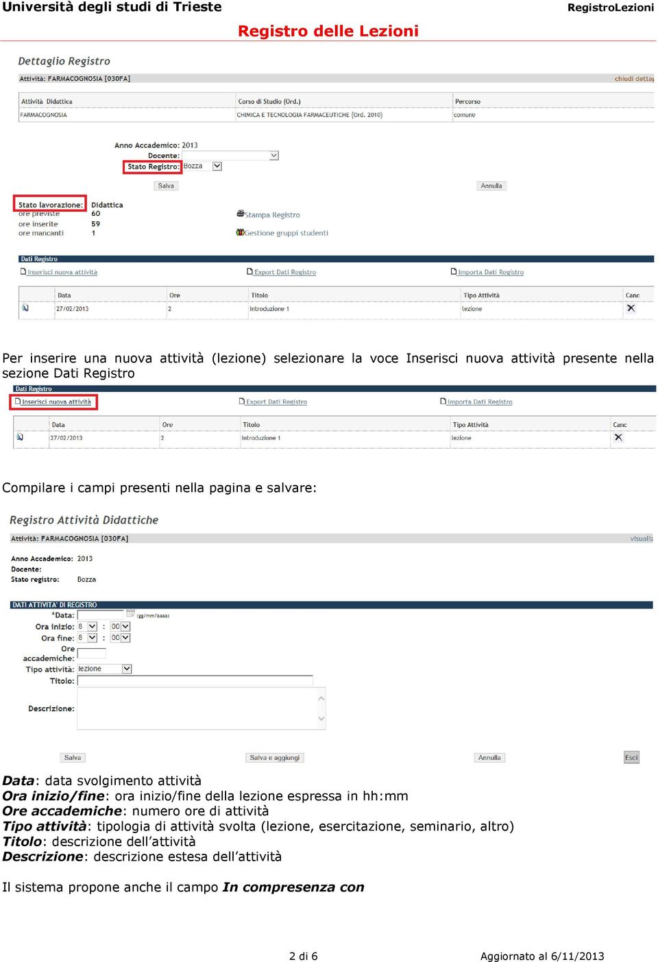 accademiche: numero ore di attività Tipo attività: tipologia di attività svolta (lezione, esercitazione, seminario, altro) Titolo: