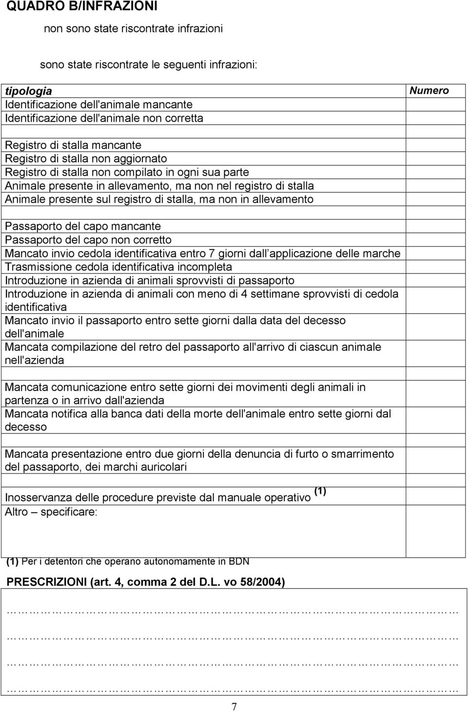 sul registro di stalla, ma non in allevamento Passaporto del capo mancante Passaporto del capo non corretto Mancato invio cedola identificativa entro 7 giorni dall applicazione delle marche