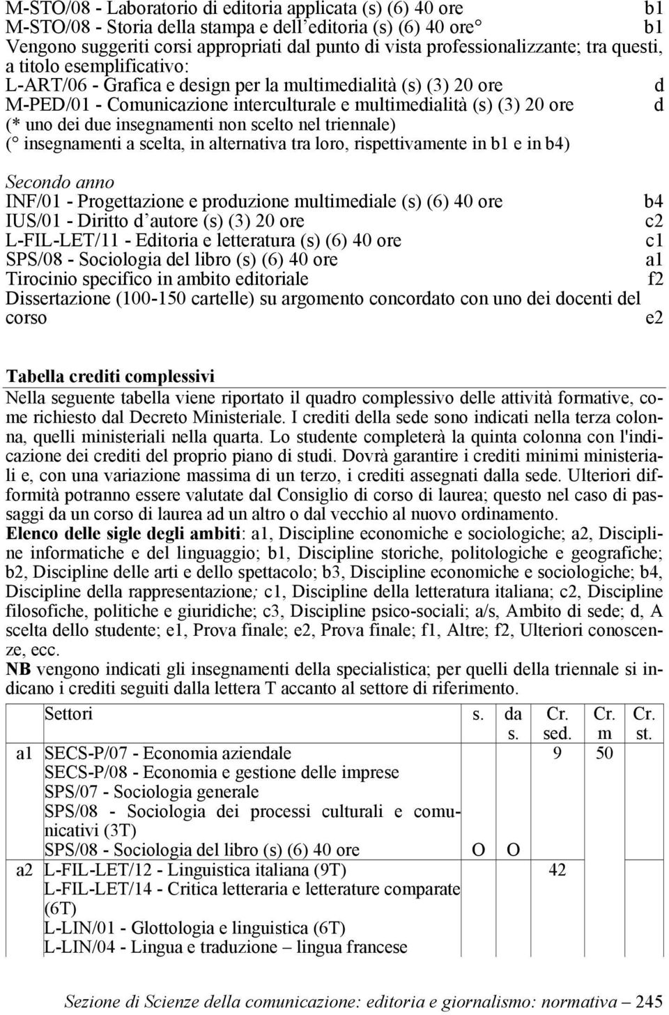 nel triennale) ( insegnamenti a scelta, in alternativa tra loro, rispettivamente in e in b4) Secondo anno INF/01 - Progettazione e produzione multimediale (s) (6) 40 IUS/01 - Diritto d aut (s) (3) 20