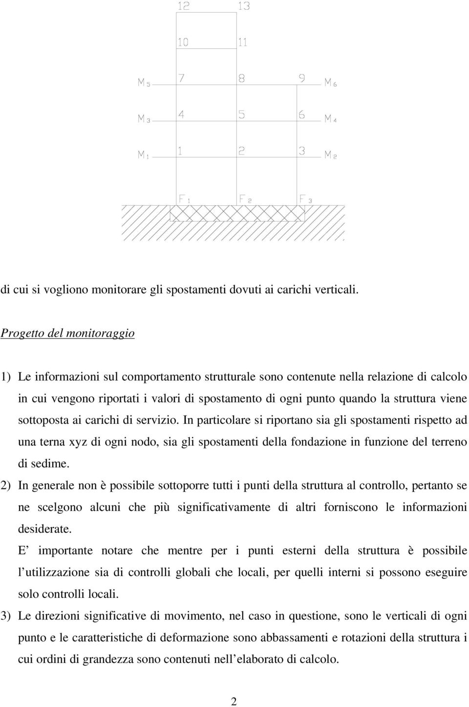 viene sottoposta ai carichi di servizio. In particolare si riportano sia gli spostamenti rispetto ad una terna xyz di ogni nodo, sia gli spostamenti della fondazione in funzione del terreno di sedime.