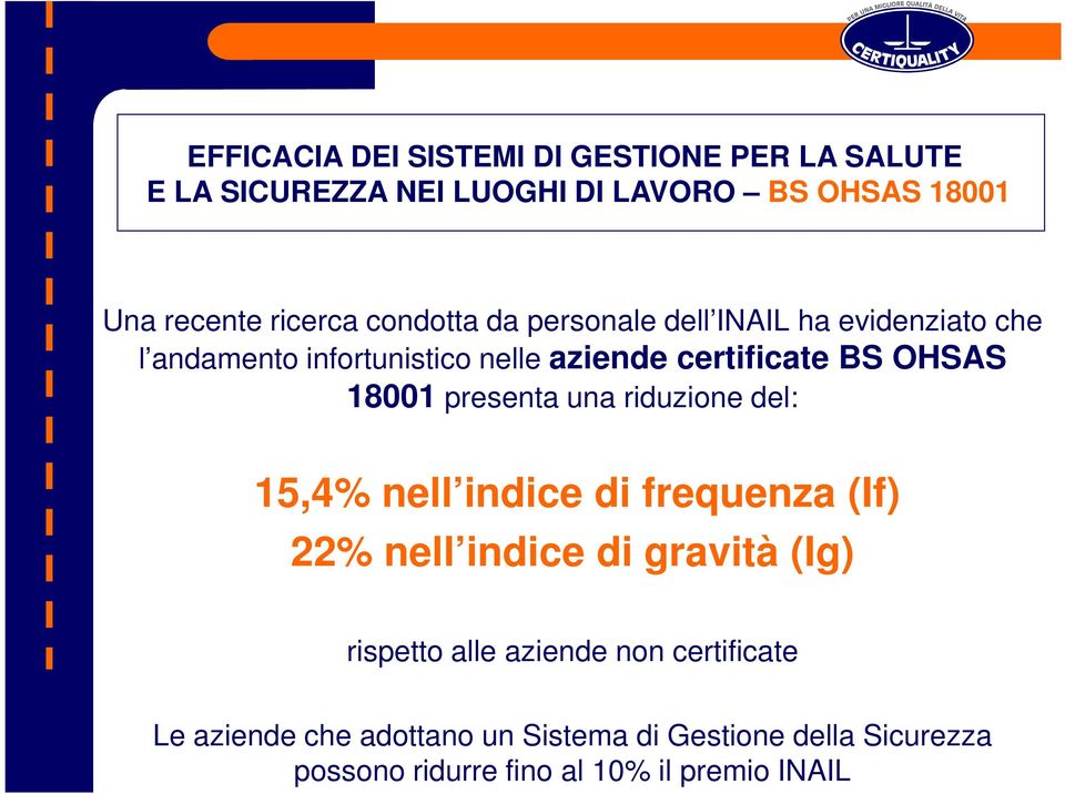 presenta una riduzione del: 15,4% nell indice di frequenza (If) 22% nell indice di gravità (Ig) rispetto alle aziende