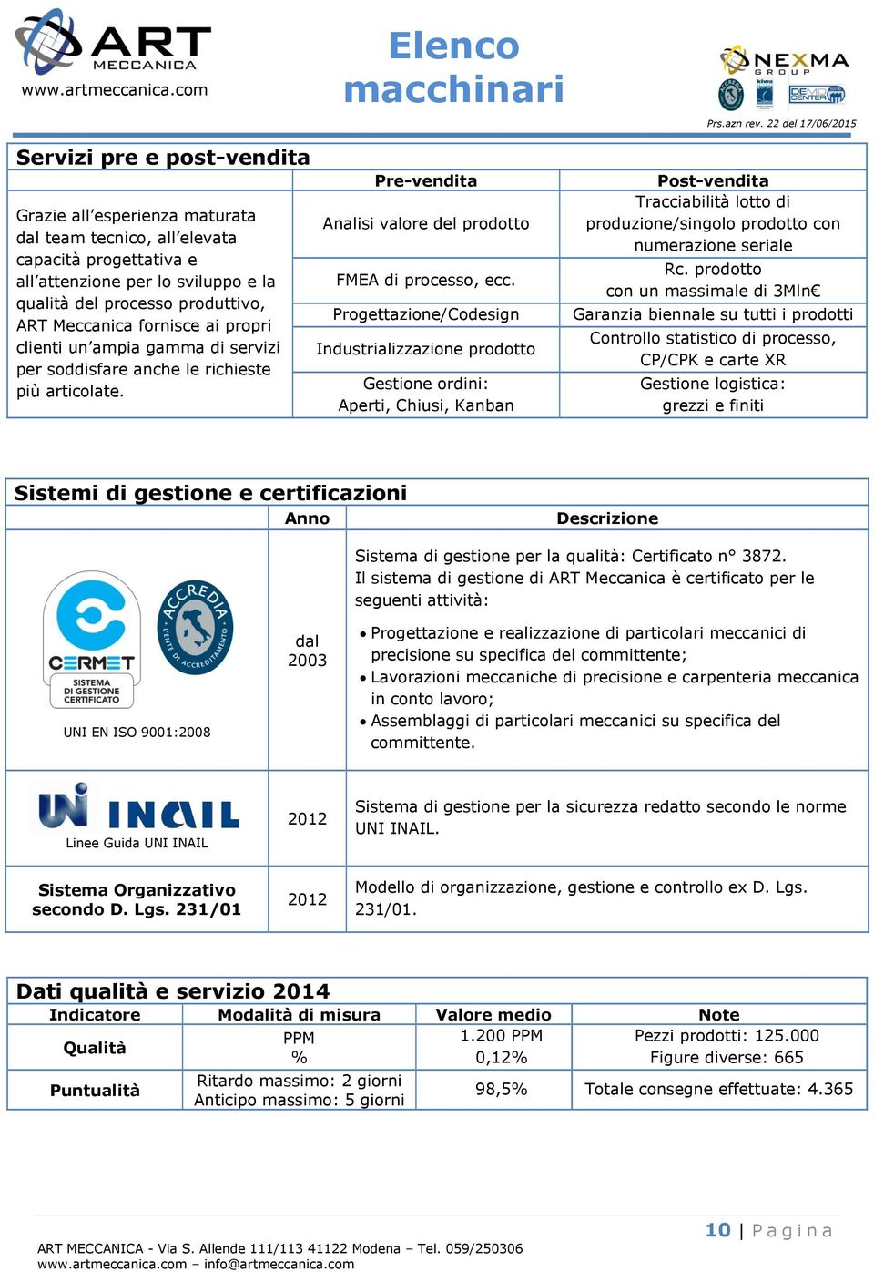 ART Meccanica fornisce ai propri clienti un ampia gamma di servizi per soddisfare anche le richieste più articolate. Pre-vendita Analisi valore del prodotto FMEA di processo, ecc.