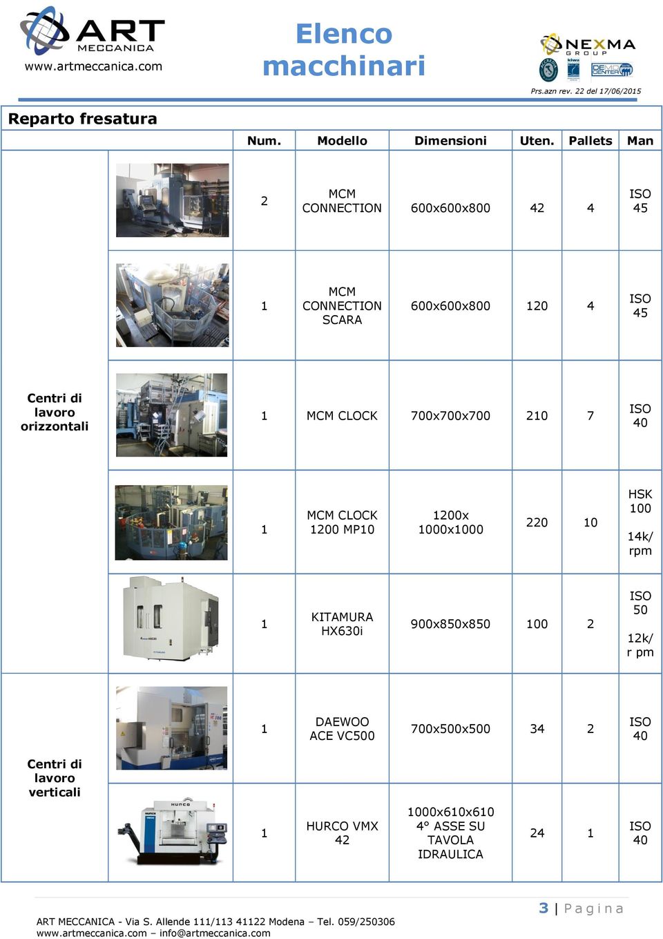 700x700x700 20 7 40 MCM CLOCK 200 MP0 200x 000x000 220 0 HSK 00 4k/ rpm KITAMURA HX630i 900x850x850 00 2 50 2k/ r pm DAEWOO ACE