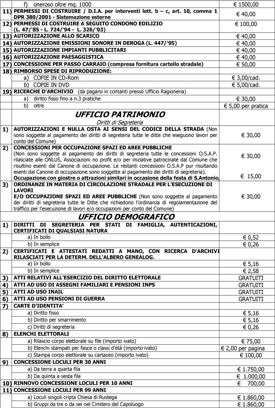 326/'03) 100,00 13) AUTORIZZAZIONE ALLO SCARICO 40,00 14) AUTORIZZAZIONE EMISSIONI SONORE IN DEROGA (L.