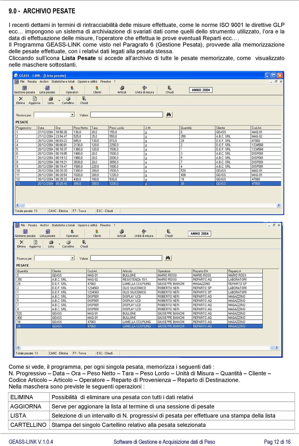 Il Programma GEASS-LINK come visto nel Paragrafo 6 (Gestione Pesata), provvede alla memorizzazione delle pesate effettuate, con i relativi dati legati alla pesata stessa.