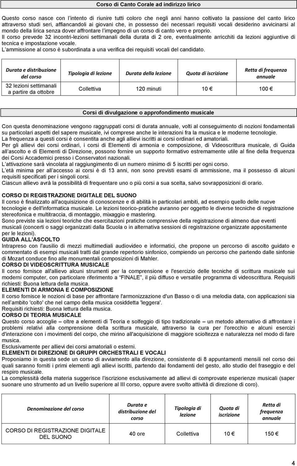 Il corso prevede 2 incontri-lezioni settimanali della durata di 2 ore, eventualmente arricchiti da lezioni aggiuntive di tecnica e impostazione vocale.