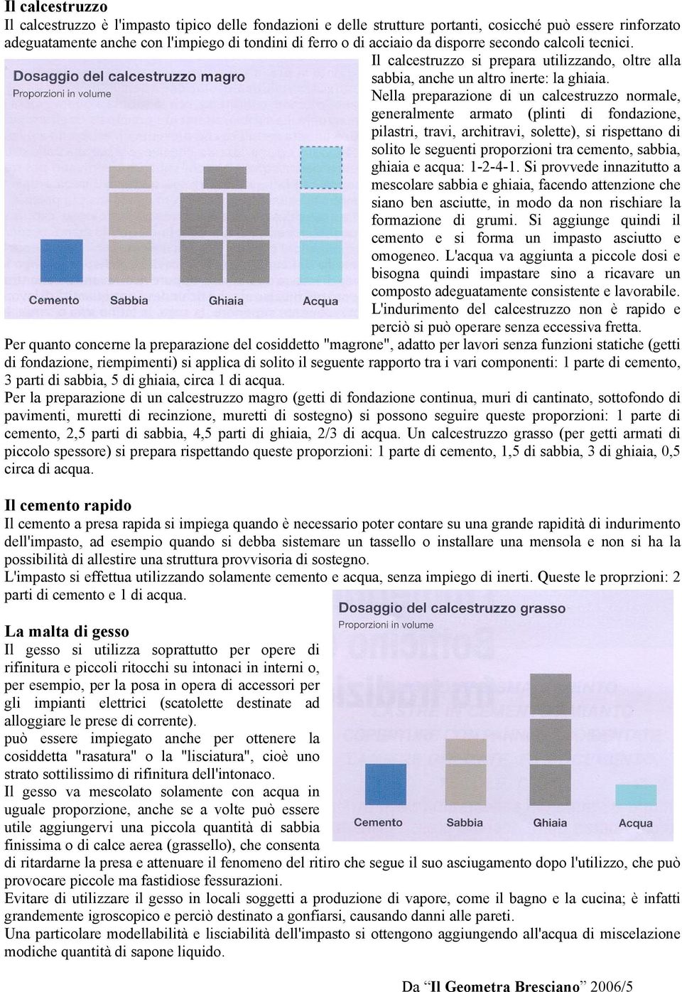 Nella preparazione di un calcestruzzo normale, generalmente armato (plinti di fondazione, pilastri, travi, architravi, solette), si rispettano di solito le seguenti proporzioni tra cemento, sabbia,