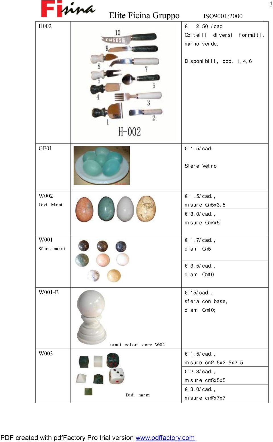 7/cad., diam. Cm5 3.5/cad., diam. Cm10 W001-B 15/cad., sfera con base, diam.