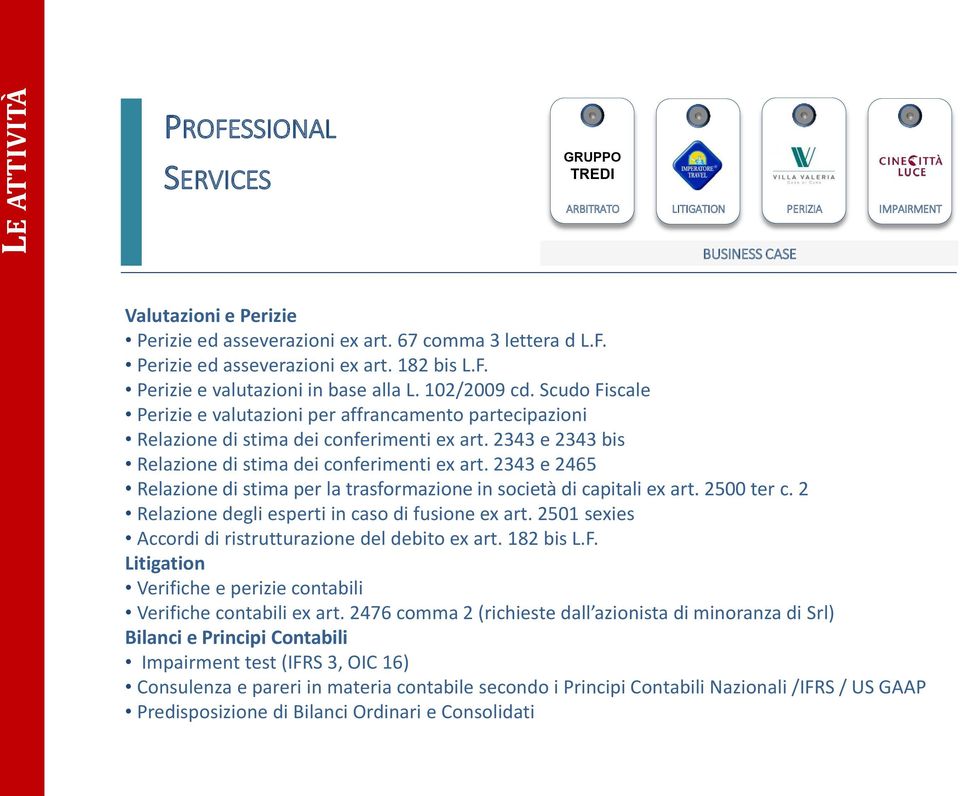 2343 e 2343 bis Relazione di stima dei conferimenti ex art. 2343 e 2465 Relazione di stima per la trasformazione in società di capitali ex art. 2500 ter c.