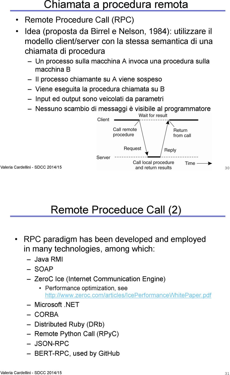 di messaggi è visibile al programmatore 30 Remote Proceduce Call (2) RPC paradigm has been developed and employed in many technologies, among which: Java RMI SOAP ZeroC Ice (Internet Communication