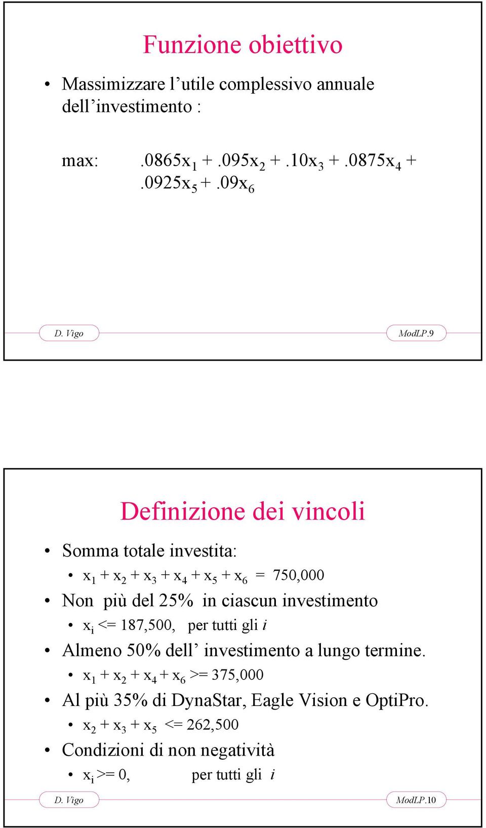 9 Definizione dei vincoli Somma totale investita: x 1 + x 2 + x 3 + x 4 + x 5 + x 6 = 750,000 Non più del 25% in ciascun