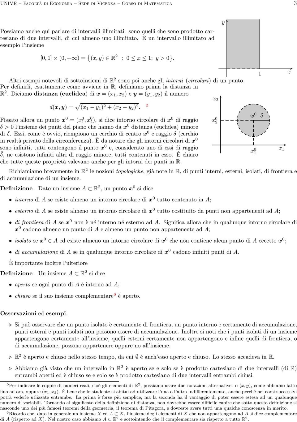 Per definirli, esattamente come avviene in R, definiamo prima la distanza in R 2. Diciamo distanza (euclidea) di = (, 2 ) e = (, 2 ) il numero d(, ) = ( ) 2 + ( 2 2 ) 2.