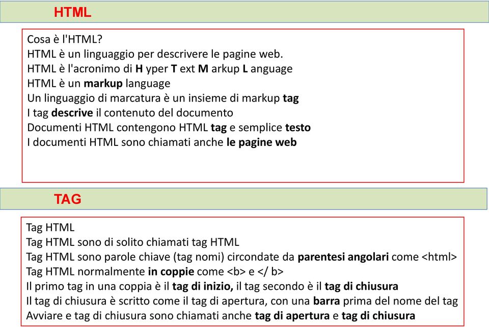 contengono HTML tag e semplice testo I documenti HTML sono chiamati anche le pagine web TAG Tag HTML Tag HTML sono di solito chiamati tag HTML Tag HTML sono parole chiave (tag nomi) circondate da