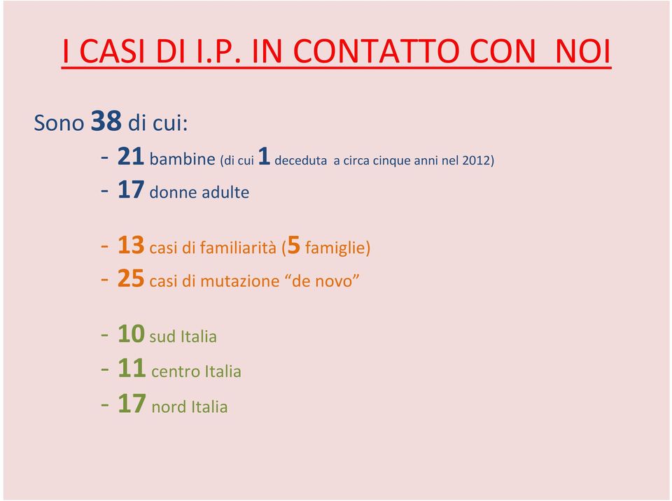 deceduta a circa cinque anni nel 2012) 17 donne adulte 13