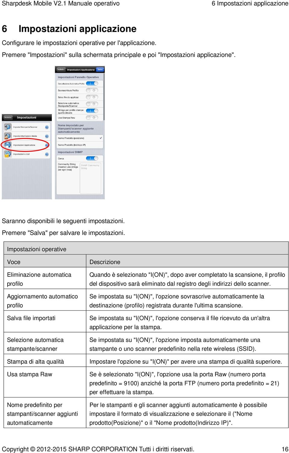 Impostazioni operative Voce Eliminazione automatica profilo Aggiornamento automatico profilo Salva file importati Selezione automatica stampante/scanner Stampa di alta qualità Usa stampa Raw Nome